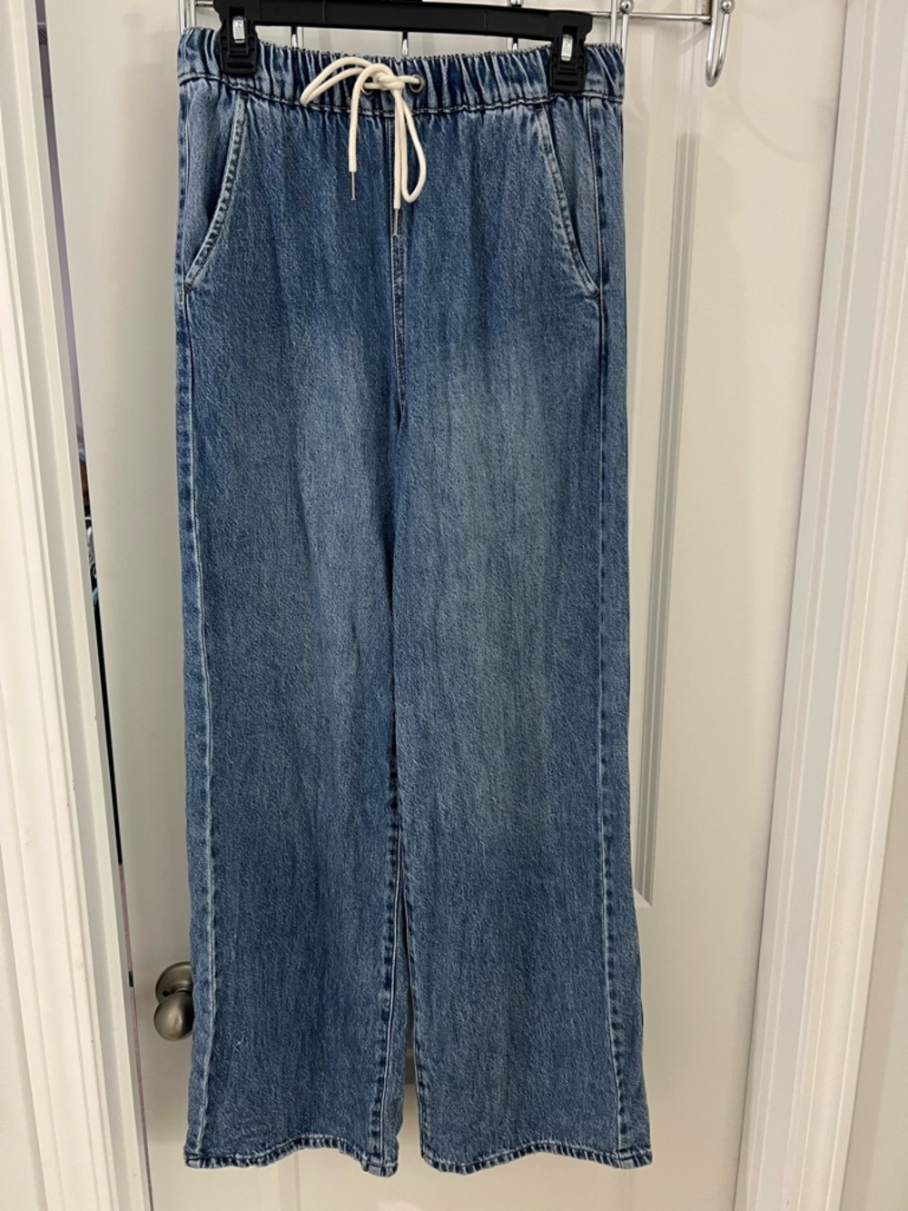 Rewash Casual Drawstring Wide-Leg Denim Jeans - Light Blue